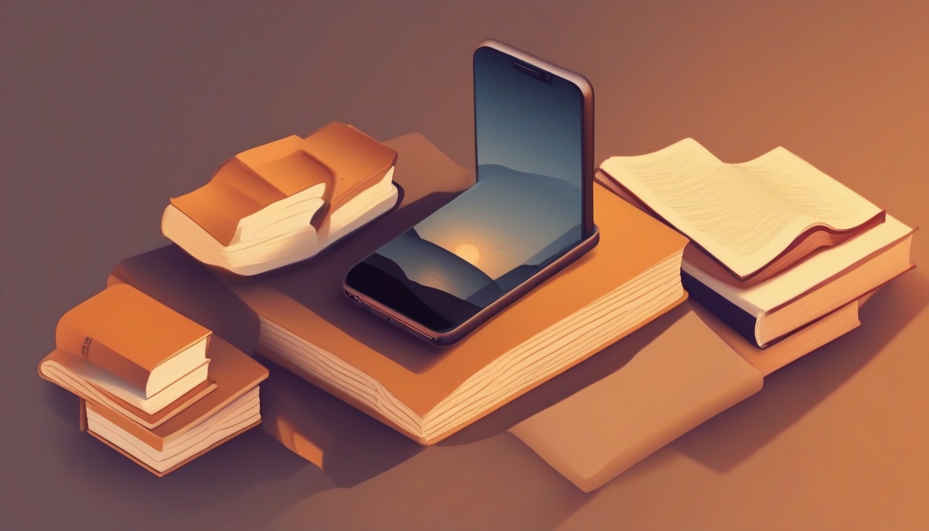 A of a smartphone with a dimmed screen and a stack of boo...