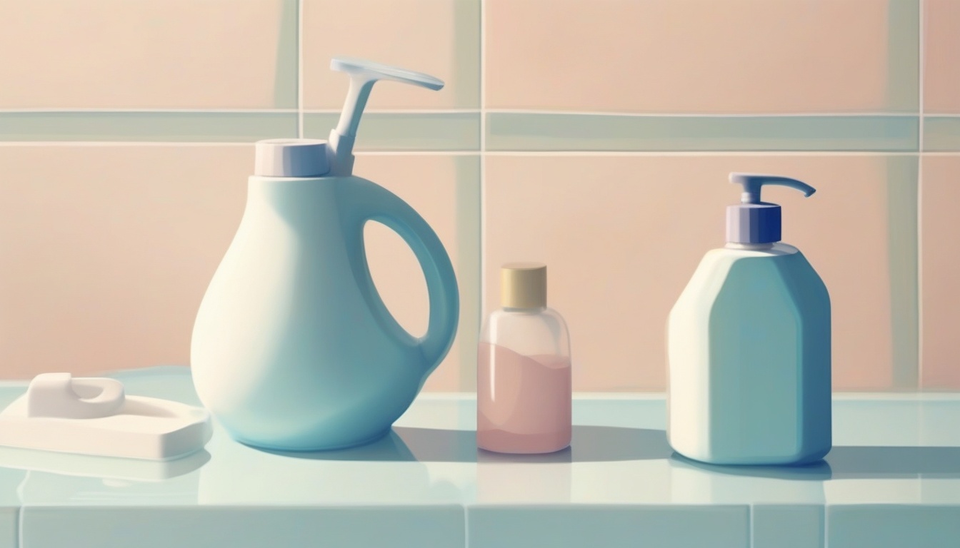 A of a neti pot and a saline solution bottle on a bathroo...