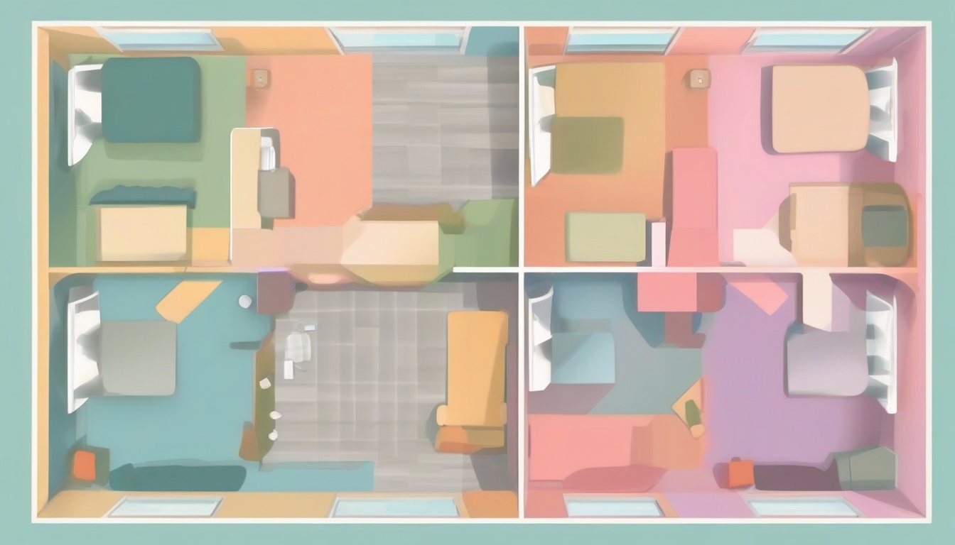 A of a room floor plan divided into four colored zones