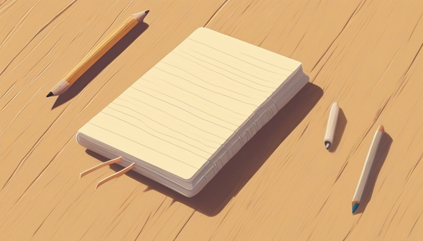 A of a notebook with written lines and a pencil on a wood...