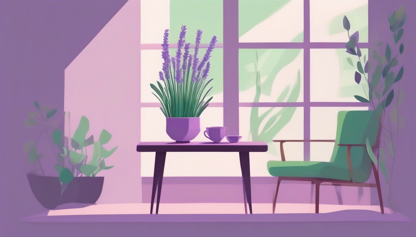A of a peaceful scene with lavender plant and a cup of he...