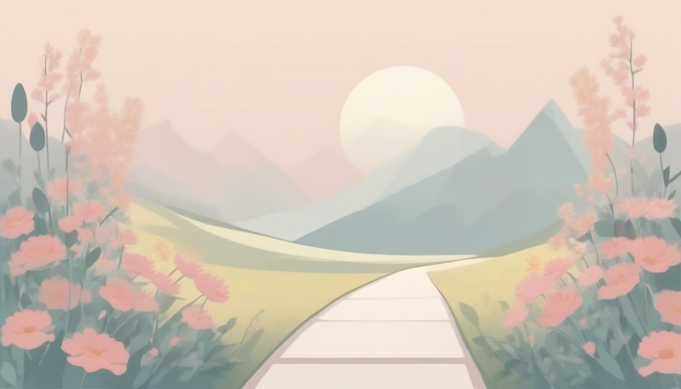 A of a caution sign near a calm path with soft flowers on...