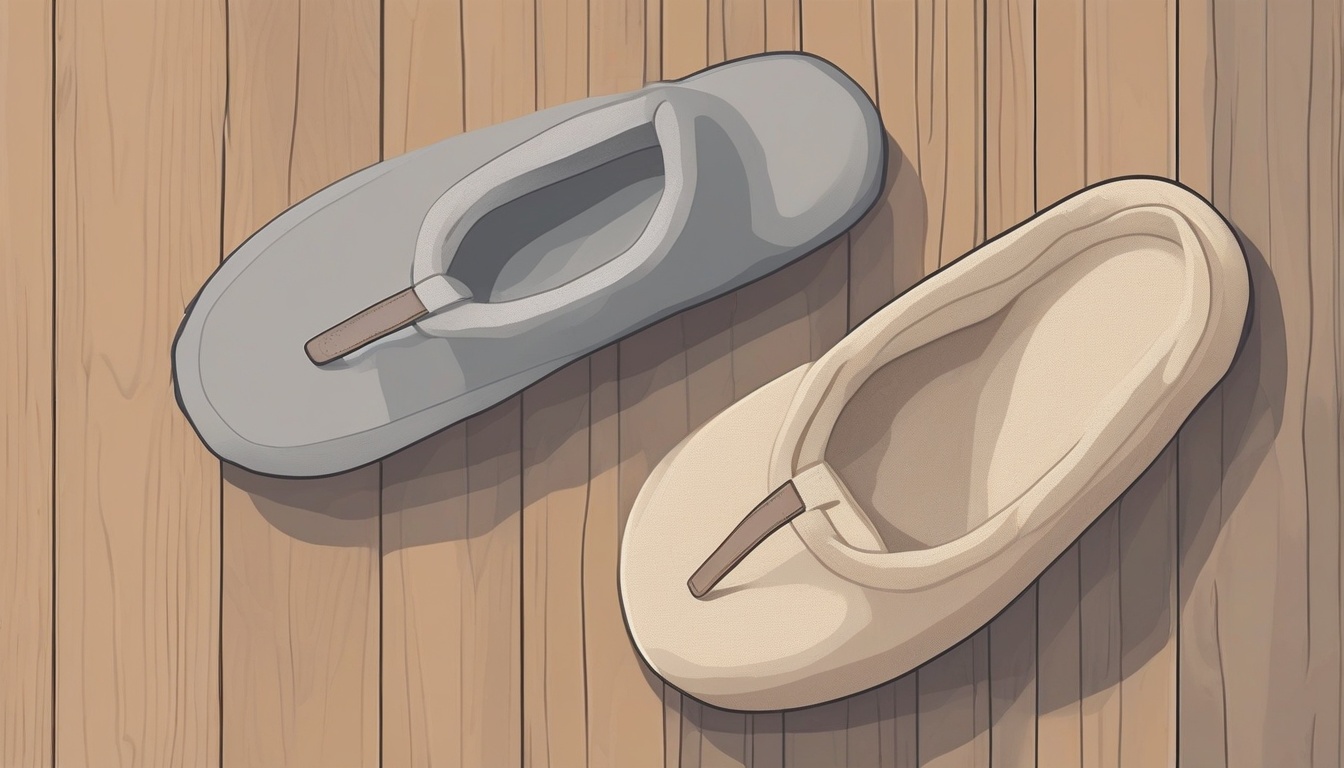 A of a worn-out indoor slipper next to a brand new pair o...