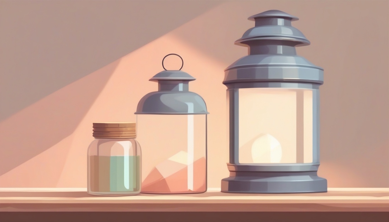 A of a soft warning lantern next to a fragile glass jar o...