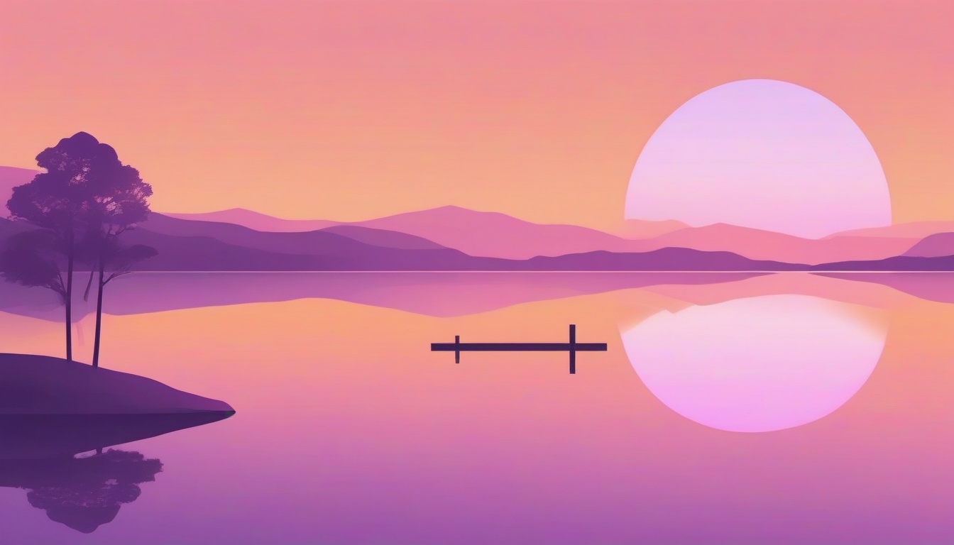 A of a caution sign next to a calm lake at sunset