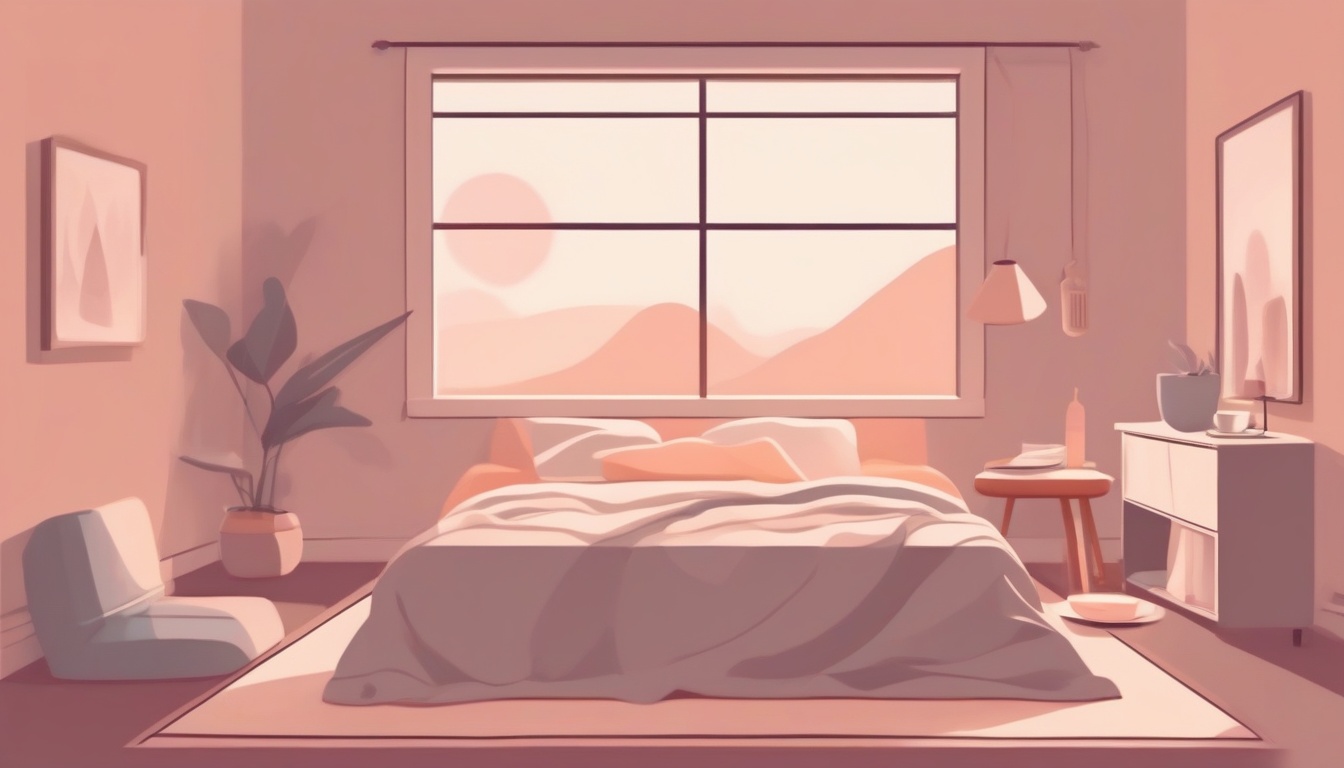 A of a cozy evening bedroom with a mug of tea