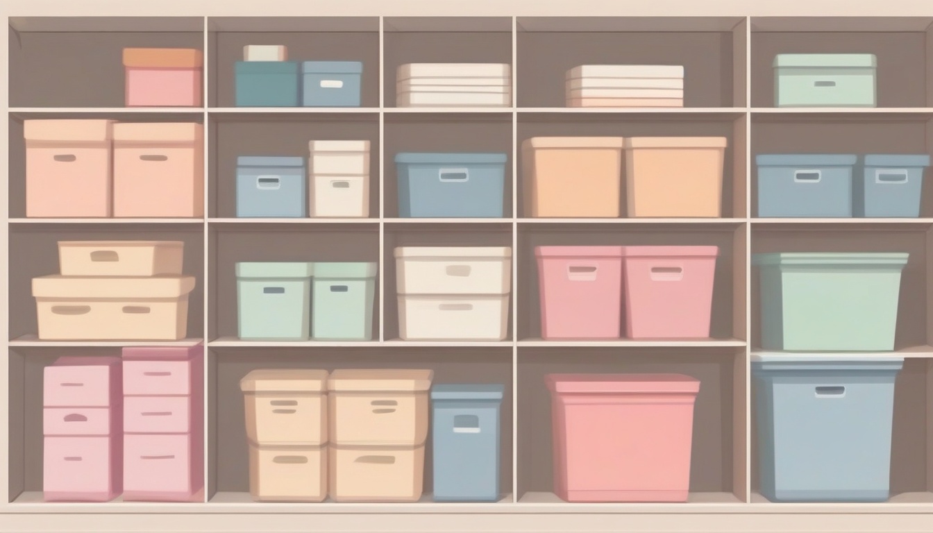 A of an organized closet shelf with vertical storage cont...