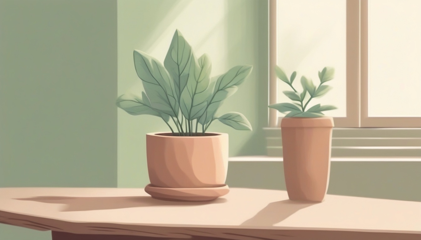 A of a small green plant in a clay pot beside a folded so...
