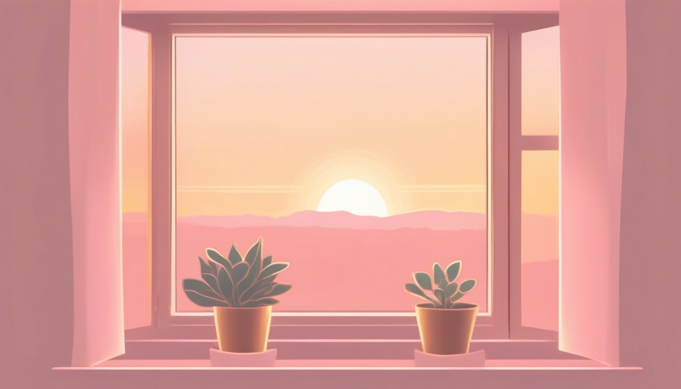 A of a sunrise view from a window with a small plant on t...