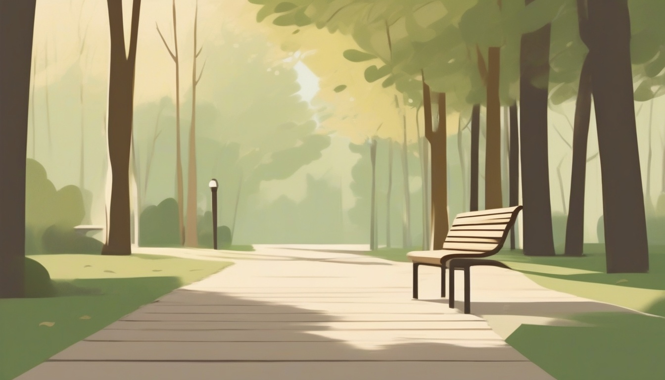 A of a quiet park path with a wooden bench under tall trees