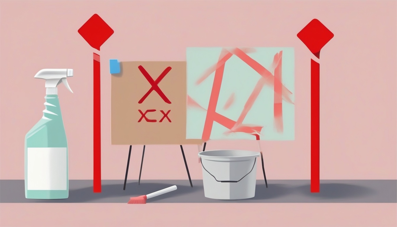 A of a caution sign next to cleaning supplies with red X ...