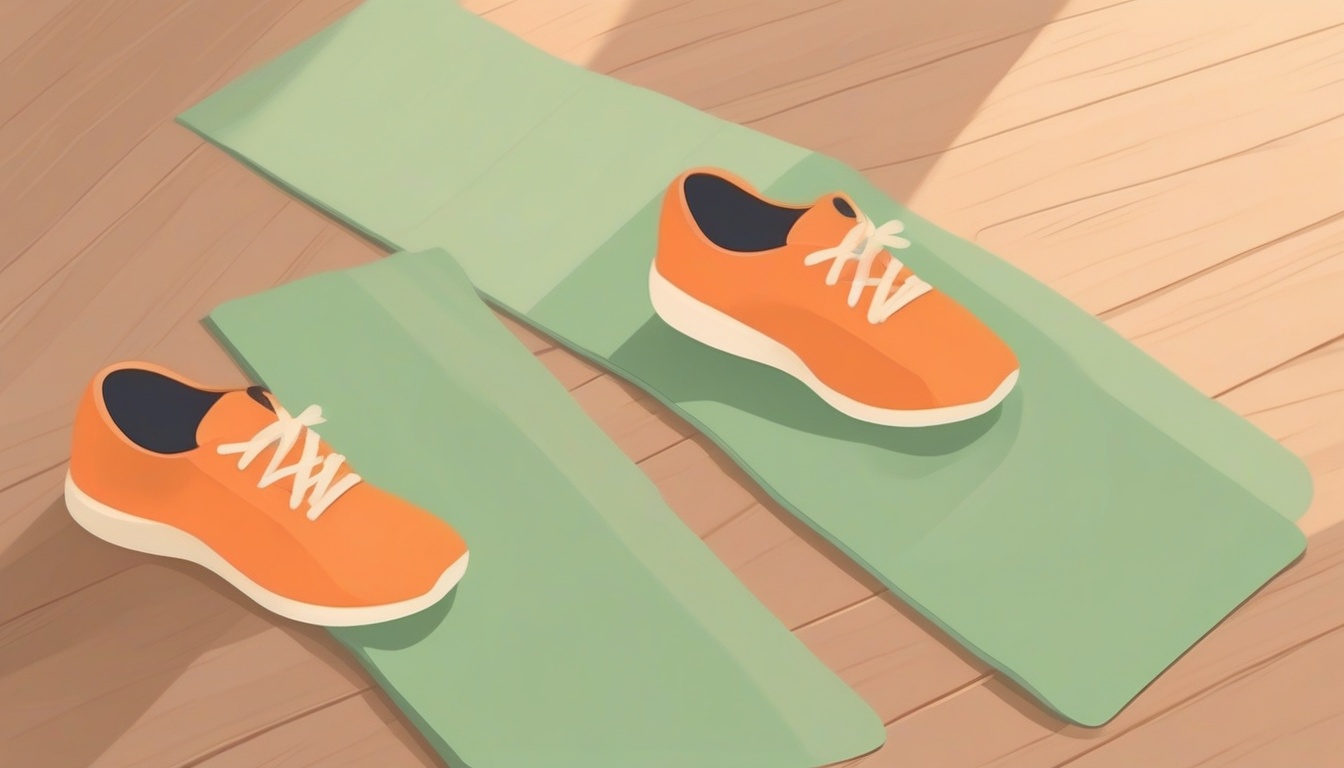 A of running shoes and a yoga mat on a wooden floor with ...