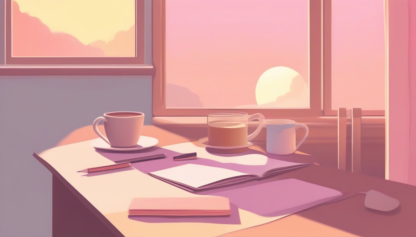 A of a soft sunrise over a small home desk with a steamin...