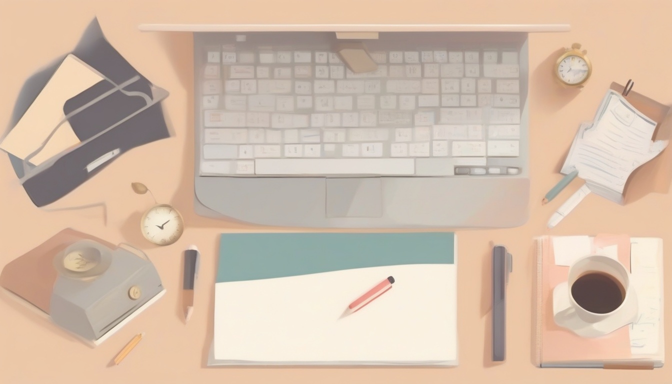 A of a tidy desk with a small clock showing 5 minutes