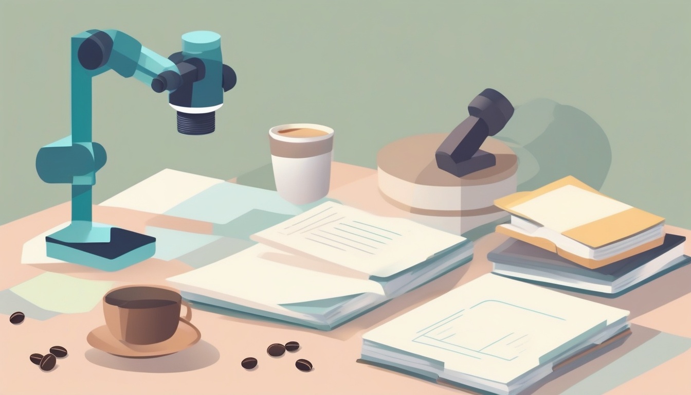 A of scientific research papers and a microscope on a des...