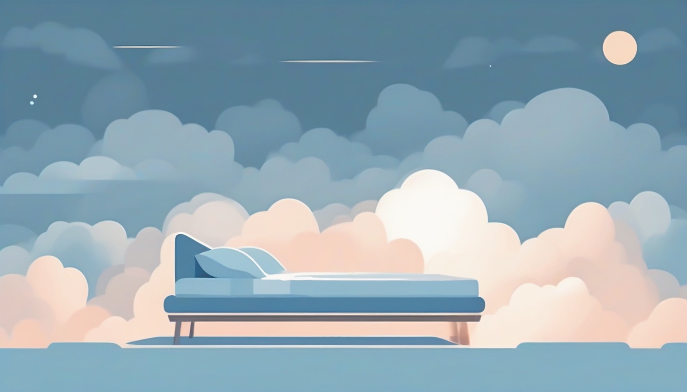 A of a peaceful sleeping scene with a bed floating among ...