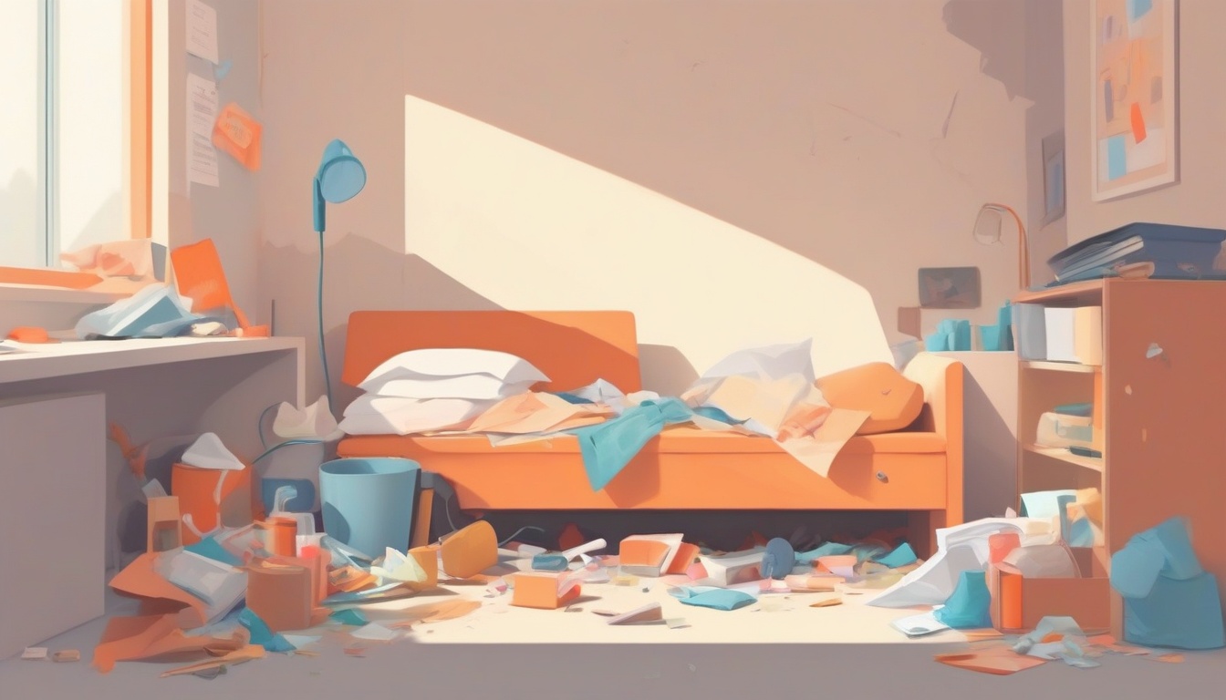 A of a messy room corner with scattered items and a warni...