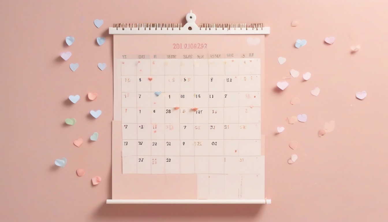 A of a wall calendar pinned to a soft pastel wall with se...