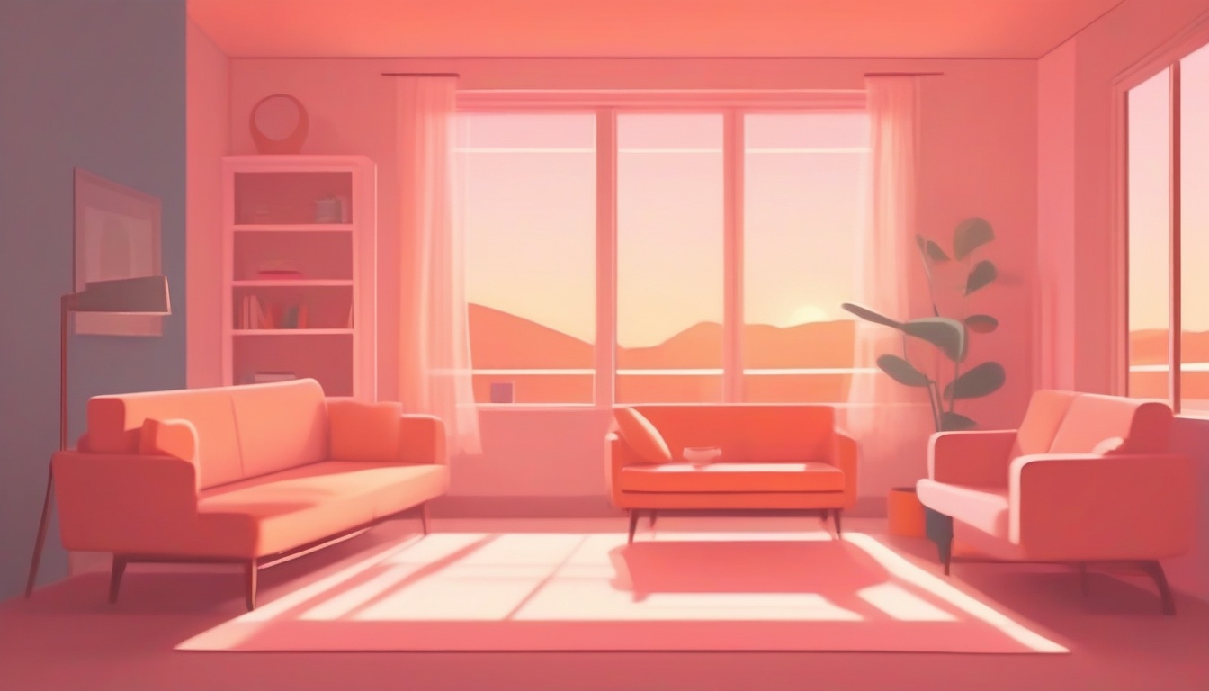 A of a peaceful apartment living room at sunset with warm...