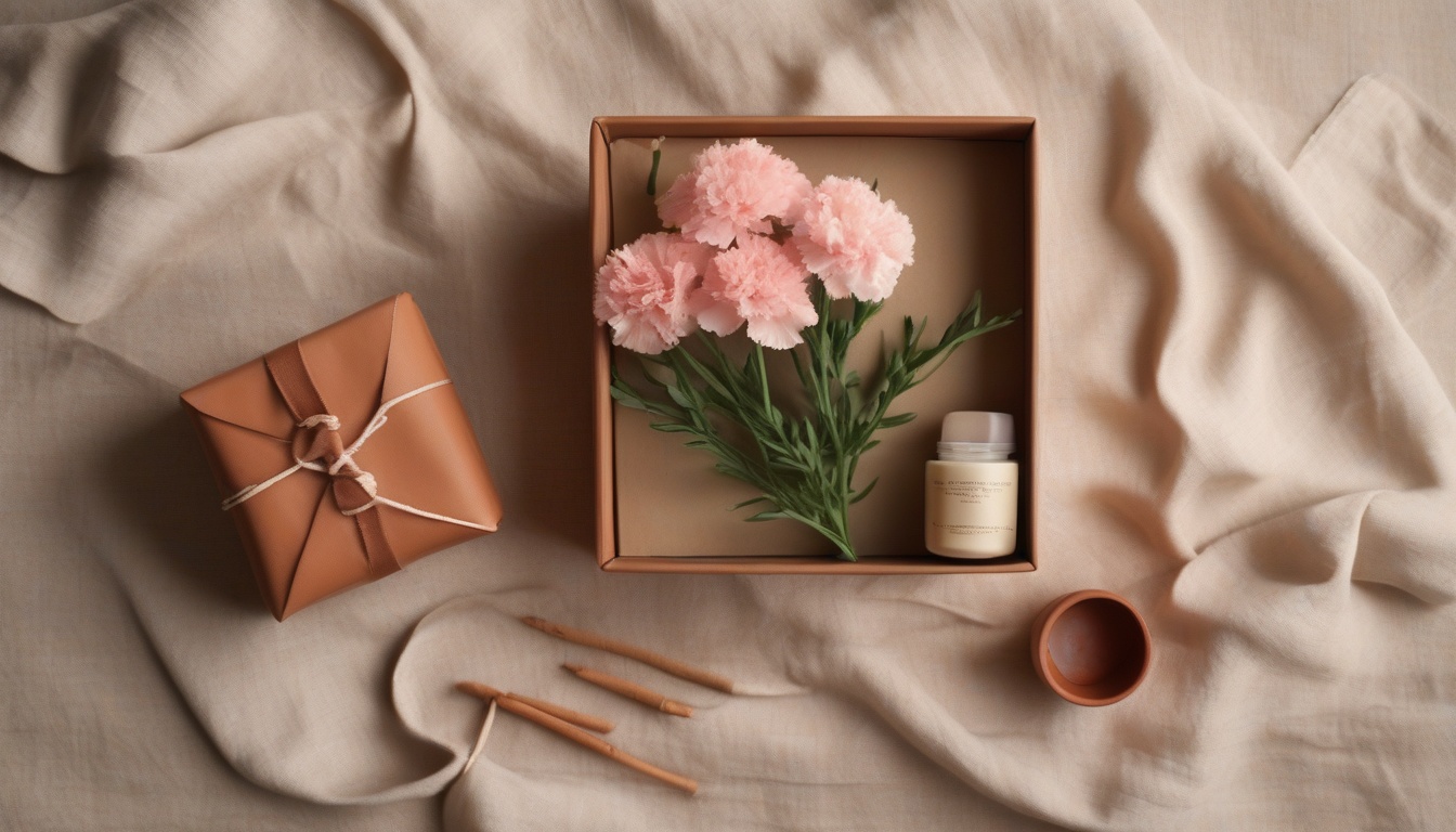 Top-down view of an elegant gift arrangement on linen tab...