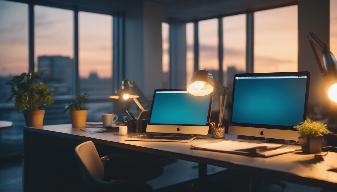 Editorial wide shot of an empty modern office cubicle at ...