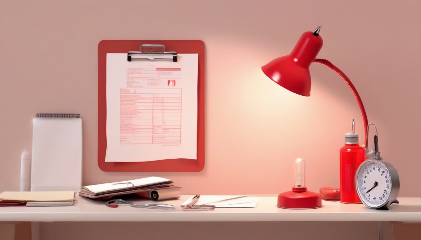 A of a red warning lamp on a desk next to a clipboard wit...
