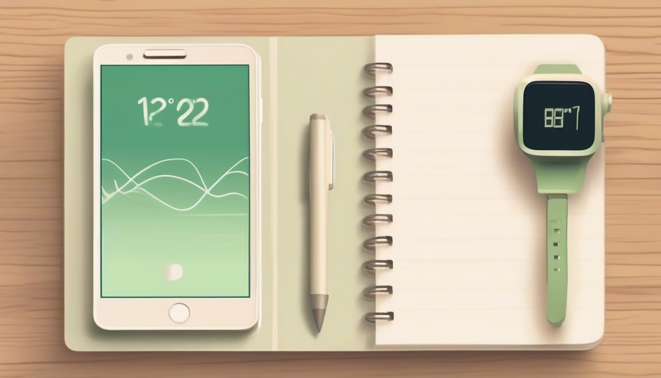 A of a notebook with a clock and a smartphone showing a s...