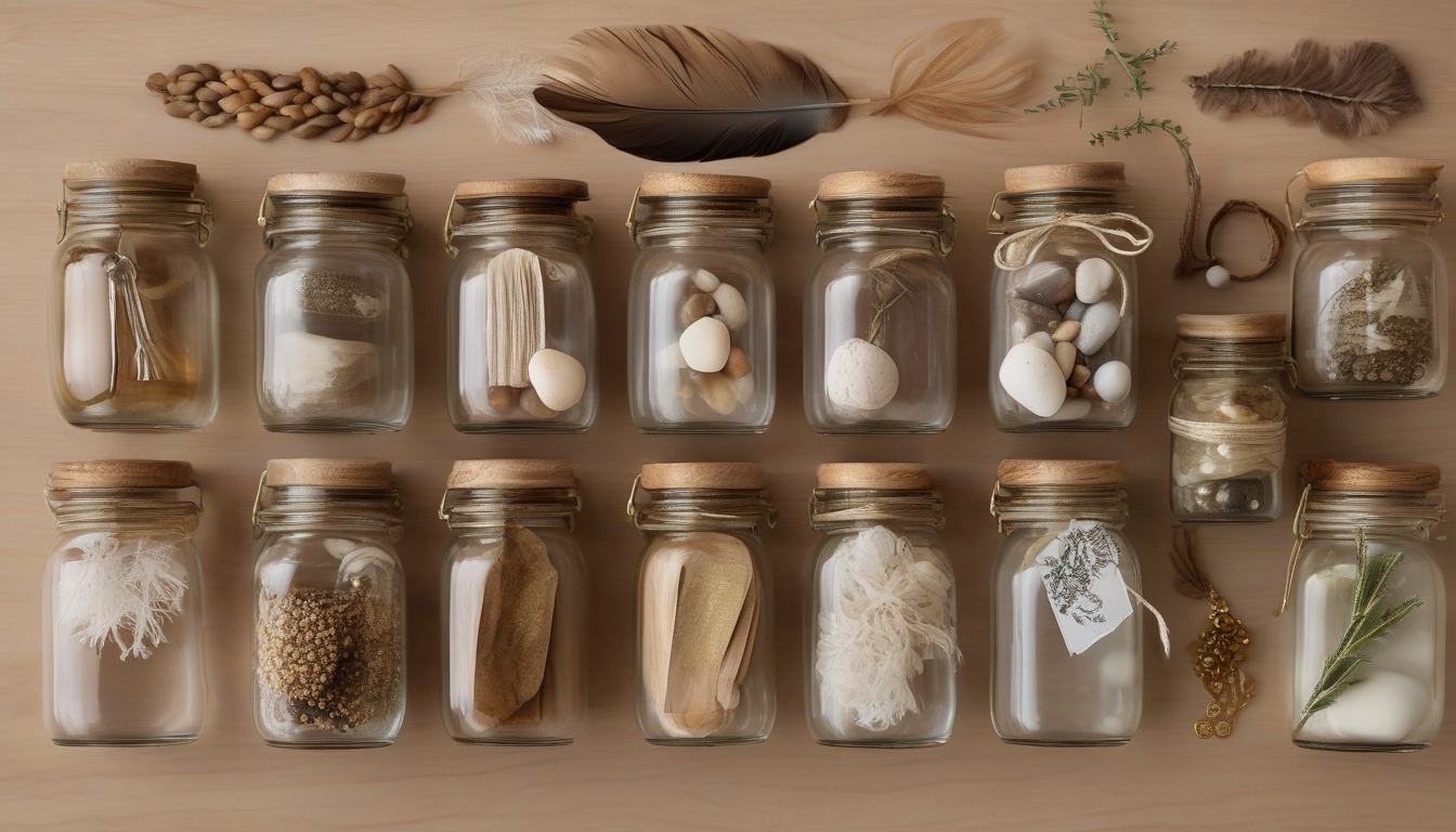 Editorial top-down flat lay of seven labeled glass jars a...