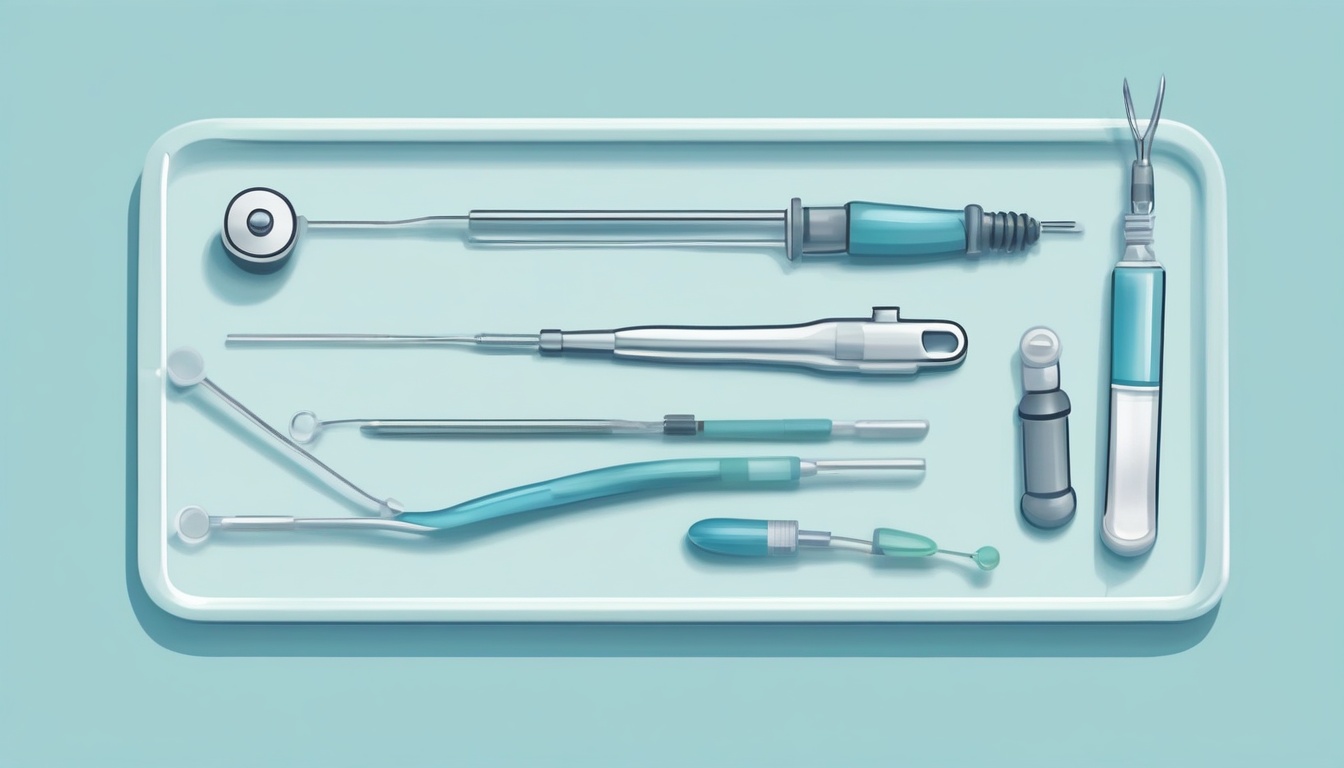 A of four small surgical tools arranged on a clean white ...