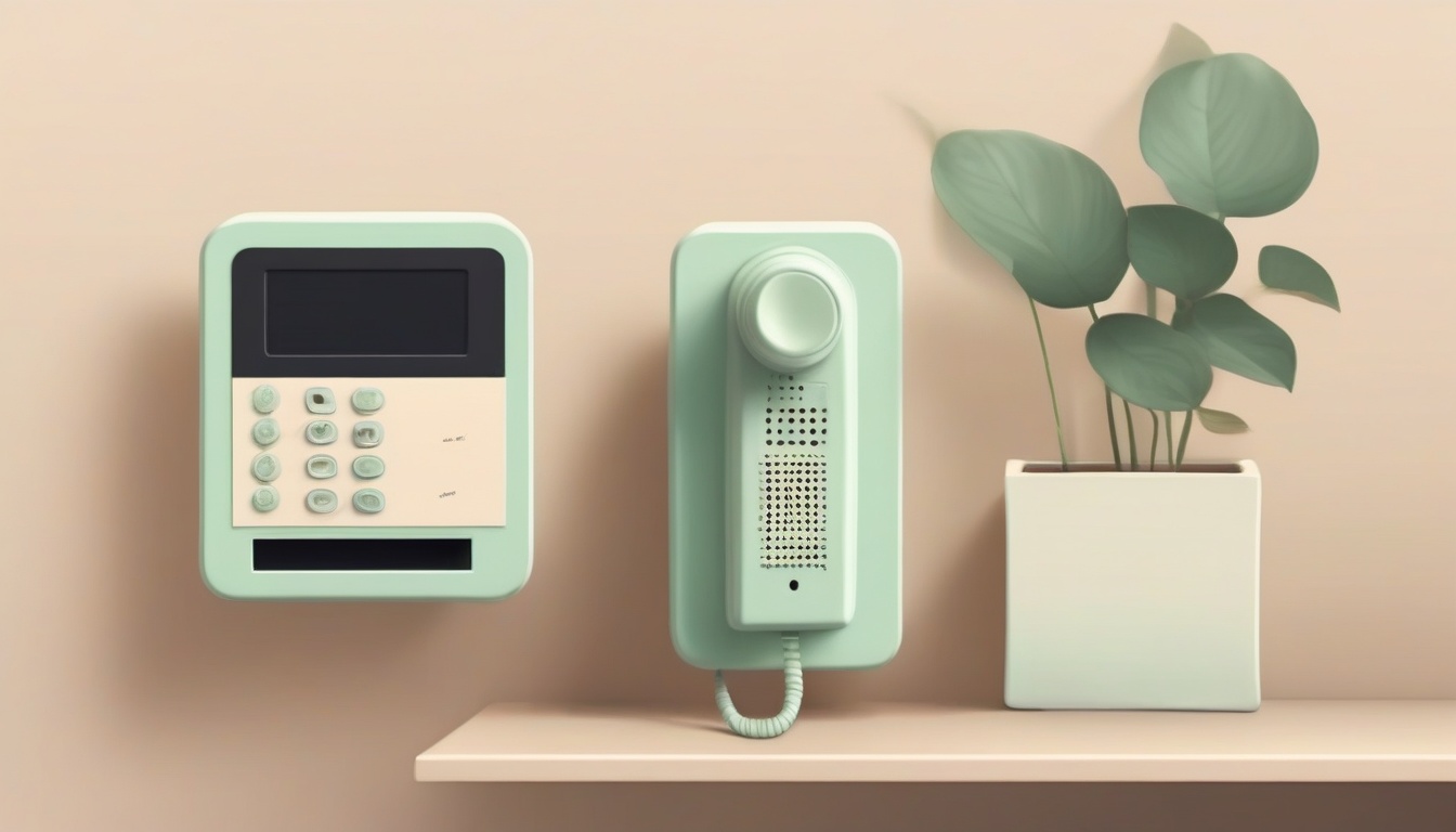 A of an intercom on a wall beside a flowerpot