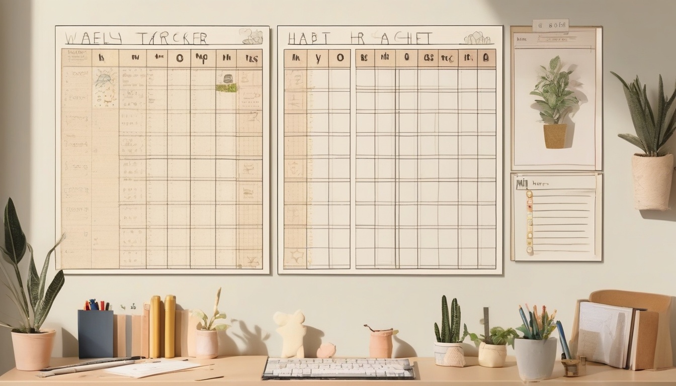 A wall-mounted weekly habit tracker chart pinned beside a...