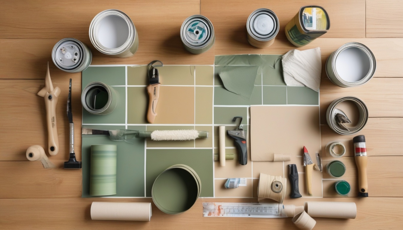 Top-down flat lay of essential self-renovation supplies o...