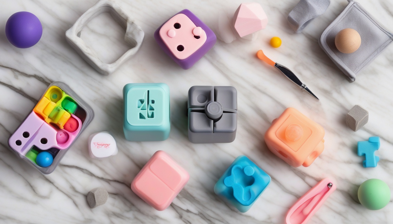 A flat lay of seven different anxiety relief desk toys ar...