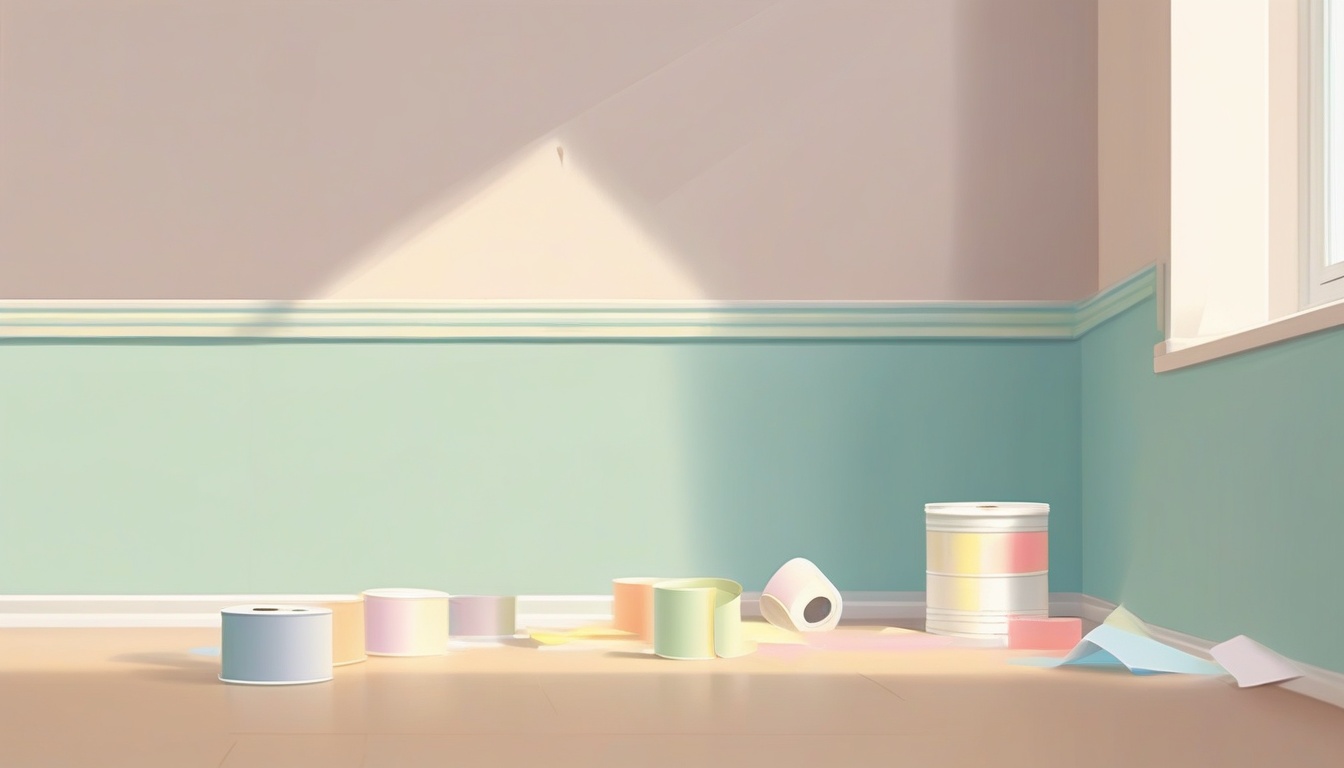 A of a room corner with masking tape carefully applied al...