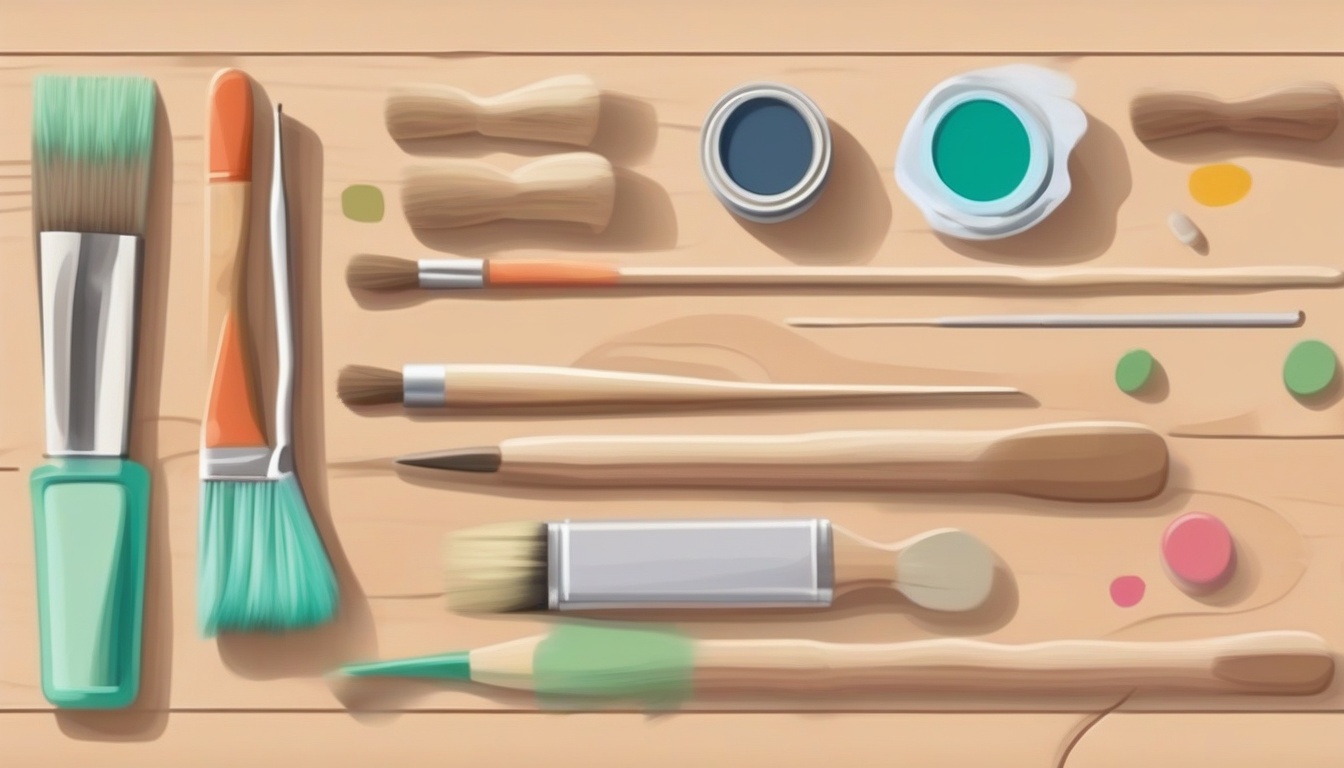 A of various paint tools laid out on a wooden surface