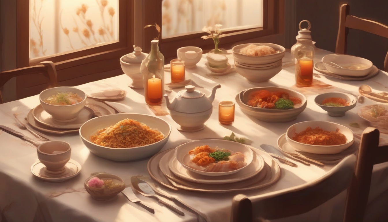Warm illustration of a family dinner table at home with g...