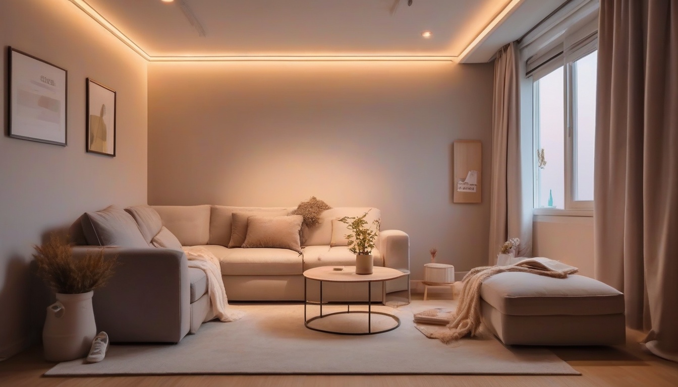 Cozy small Korean apartment living room corner at dusk