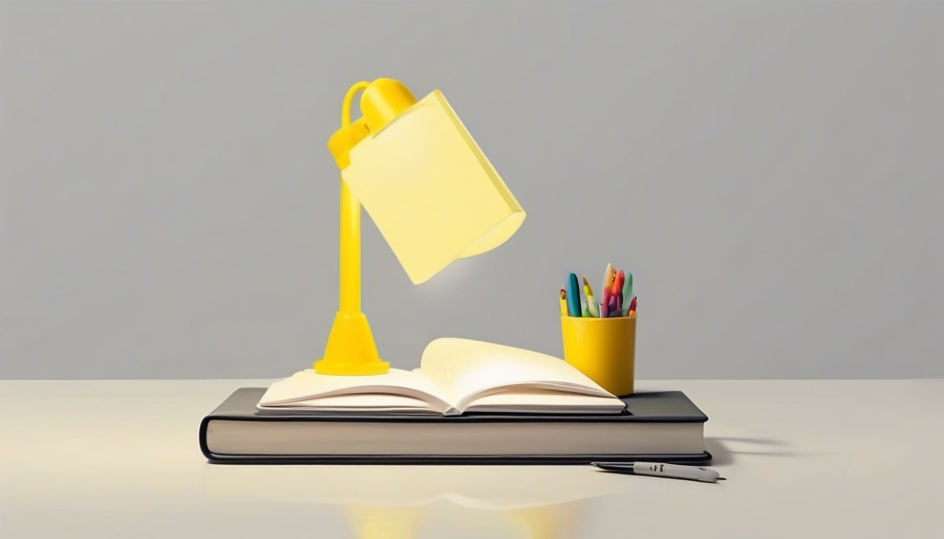 A of a yellow caution lamp and a small notebook with ques...