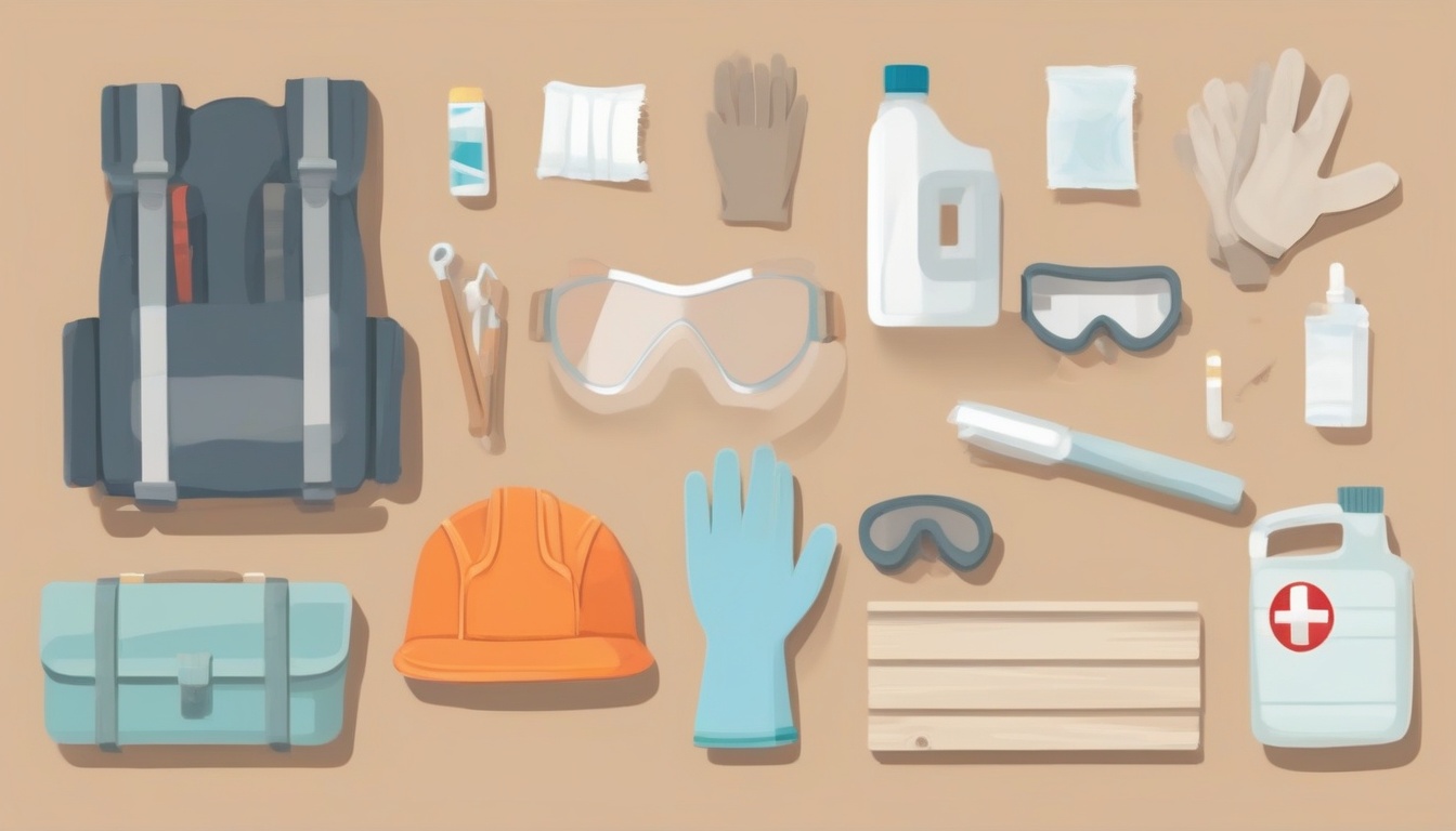 A of safety equipment laid out on a wooden bench: a dust ...