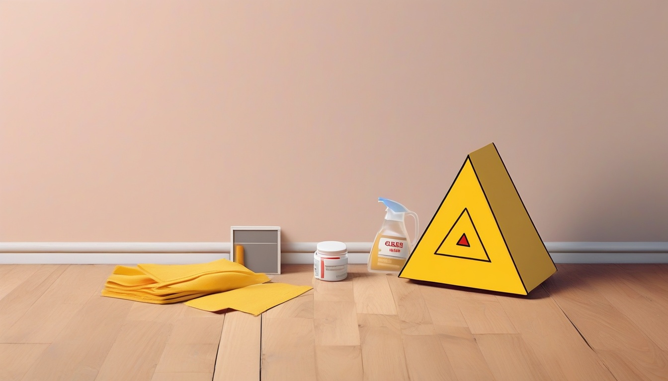A of a yellow caution triangle on a parquet floor next to...