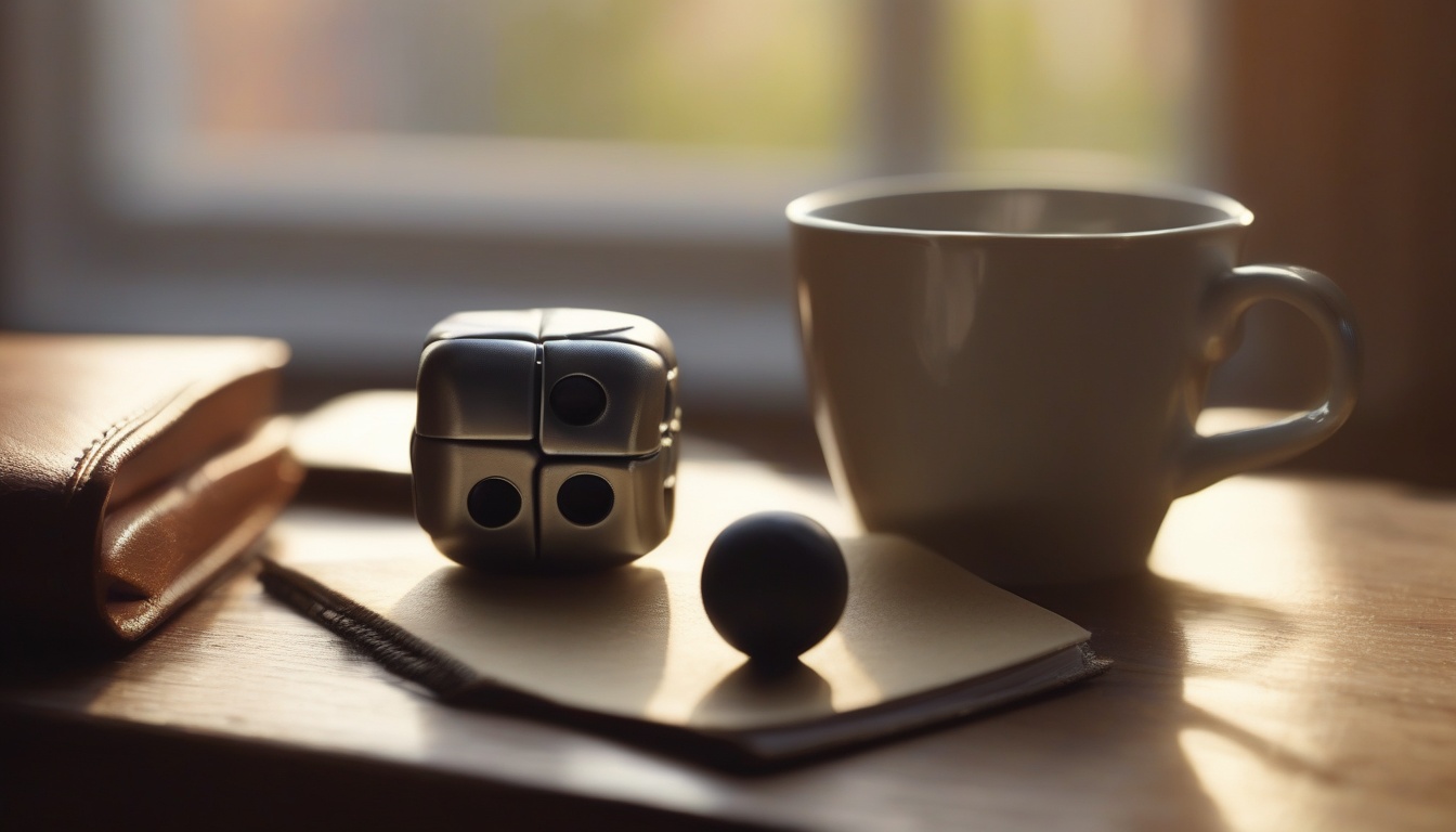 A clean still life of a small fidget cube and a squishy b...
