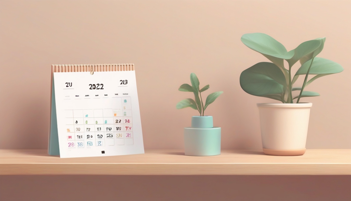 A of a calendar on a wooden desk next to an hourglass and...