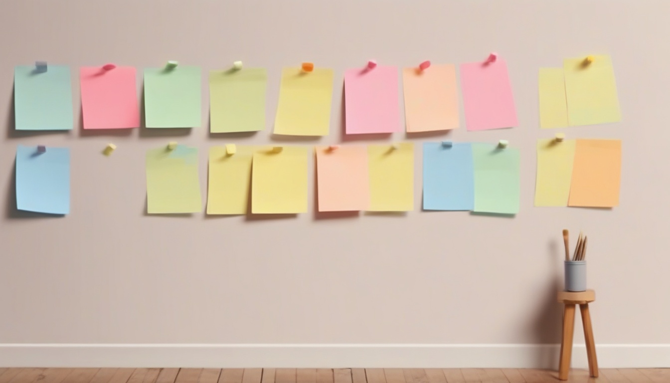 A showing a wall with five small post-it notes placed in ...